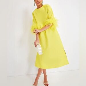 Tuckernuck Yellow Feather-Trim Midi Dress